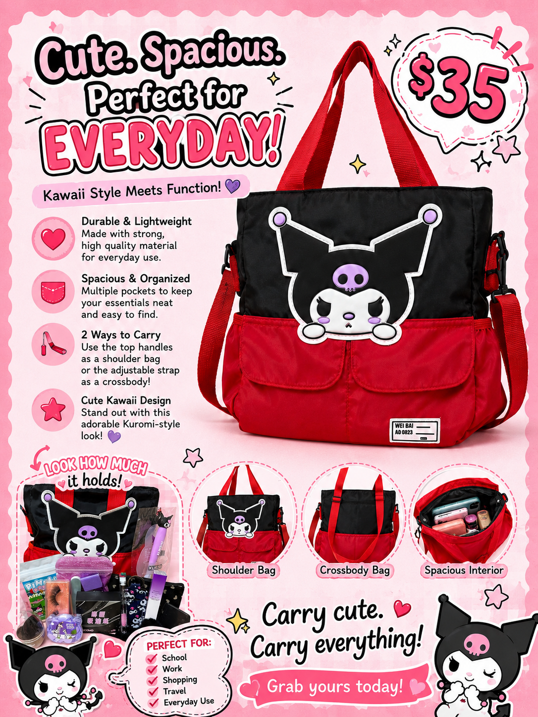 Kuromi Kawaii Convertible Tote Bag๐